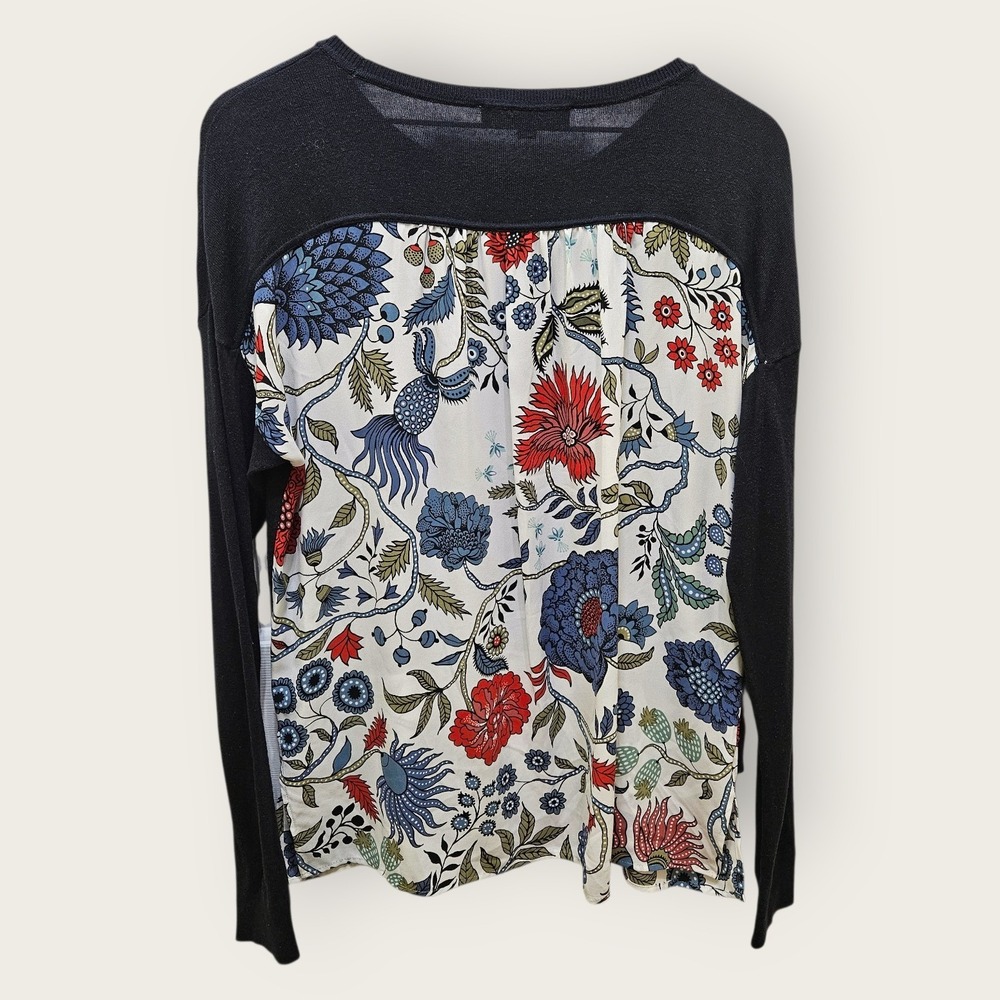 LOFT Women'sNavy Sweater with Floral Print Chiffon Hem/Back Size M‎
